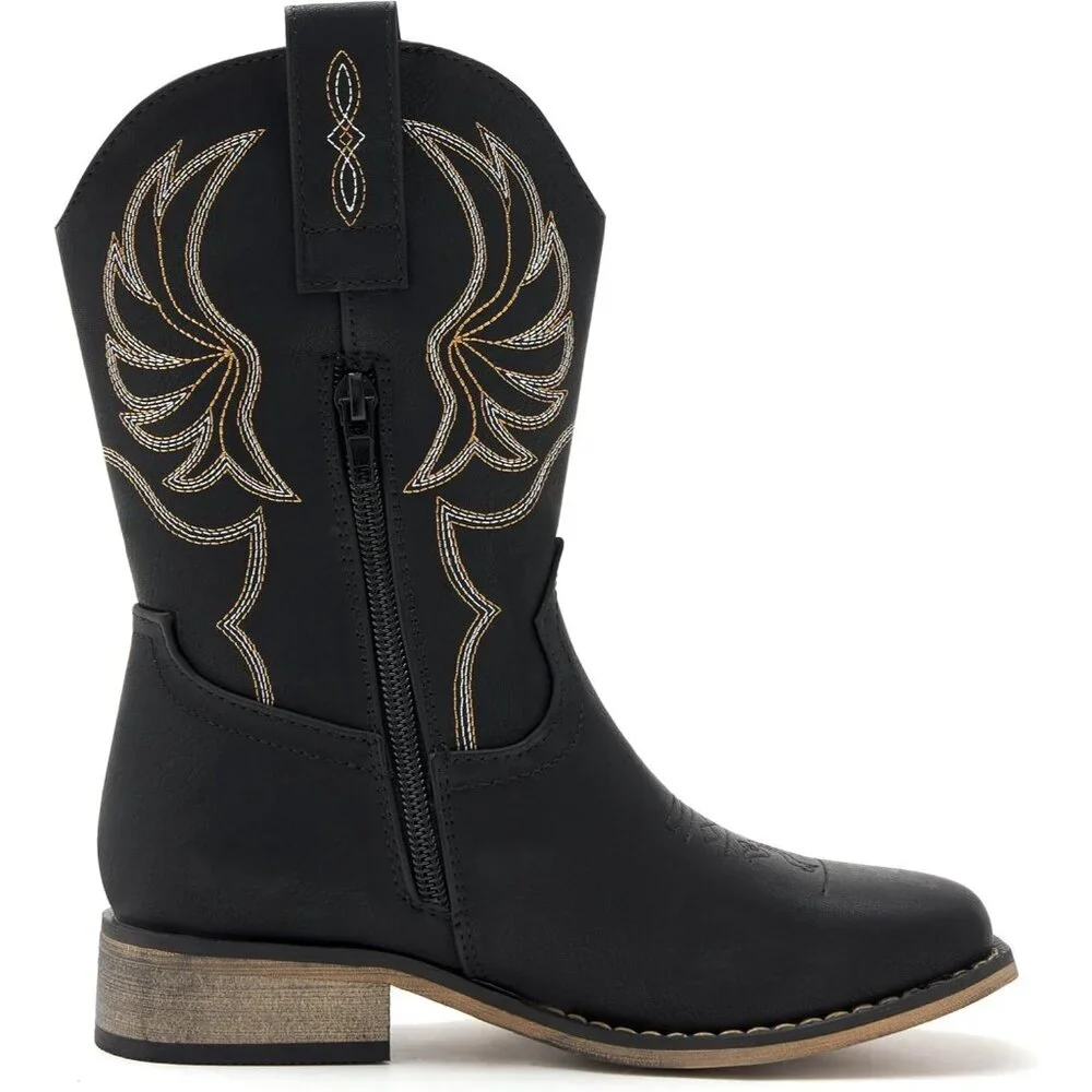⚡Girls Black Embroidered Cowgirl Boots Western Square Toe Mid Calf Riding Shoes